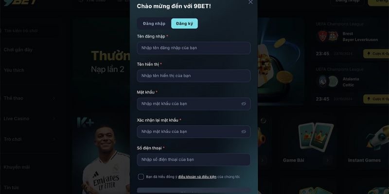 Đăng ký 9bet cực đơn giản với 4+ bước thao tác